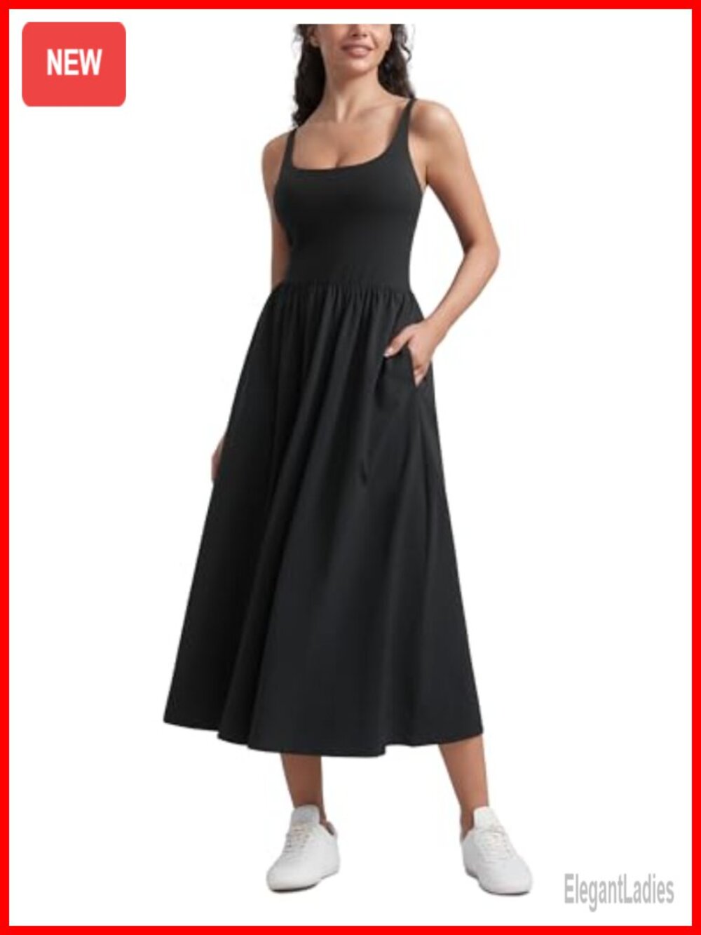 Square Neck Maxi Casual Dress with Built-in Bra and Pockets